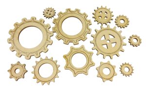 12pc. set of wooden gears - cool industrial & steampunk design - laser-cut thin birch plywood
