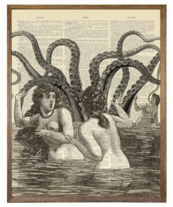 octopus tentacles retro steampunk wall art - pirate mermaid pictures for wall - vintage angry octopus wall decor - nautical poster print bathroom bedroom - unique kraken for guest bath lovecraft gift