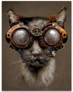 steampunk cat wearing goggles - 11x14 unframed wall art print - makes a funny and cute home decor and gift for cat owners