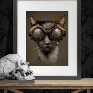 Steampunk Cat Wearing Goggles - 11x14 Unframed Wall Art Print - Makes a Funny and Cute Home Decor and Gift For Cat Owners