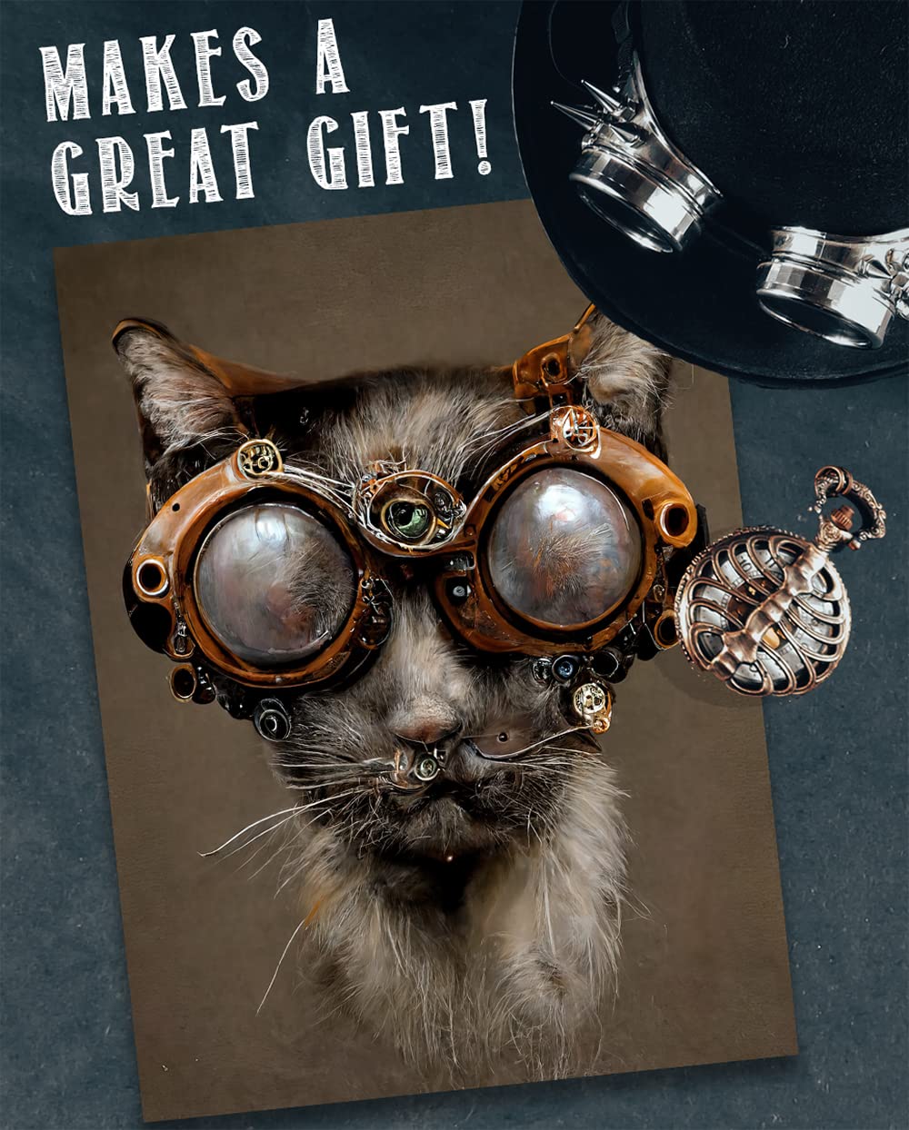 Steampunk Cat Wearing Goggles - 11x14 Unframed Wall Art Print - Makes a Funny and Cute Home Decor and Gift For Cat Owners