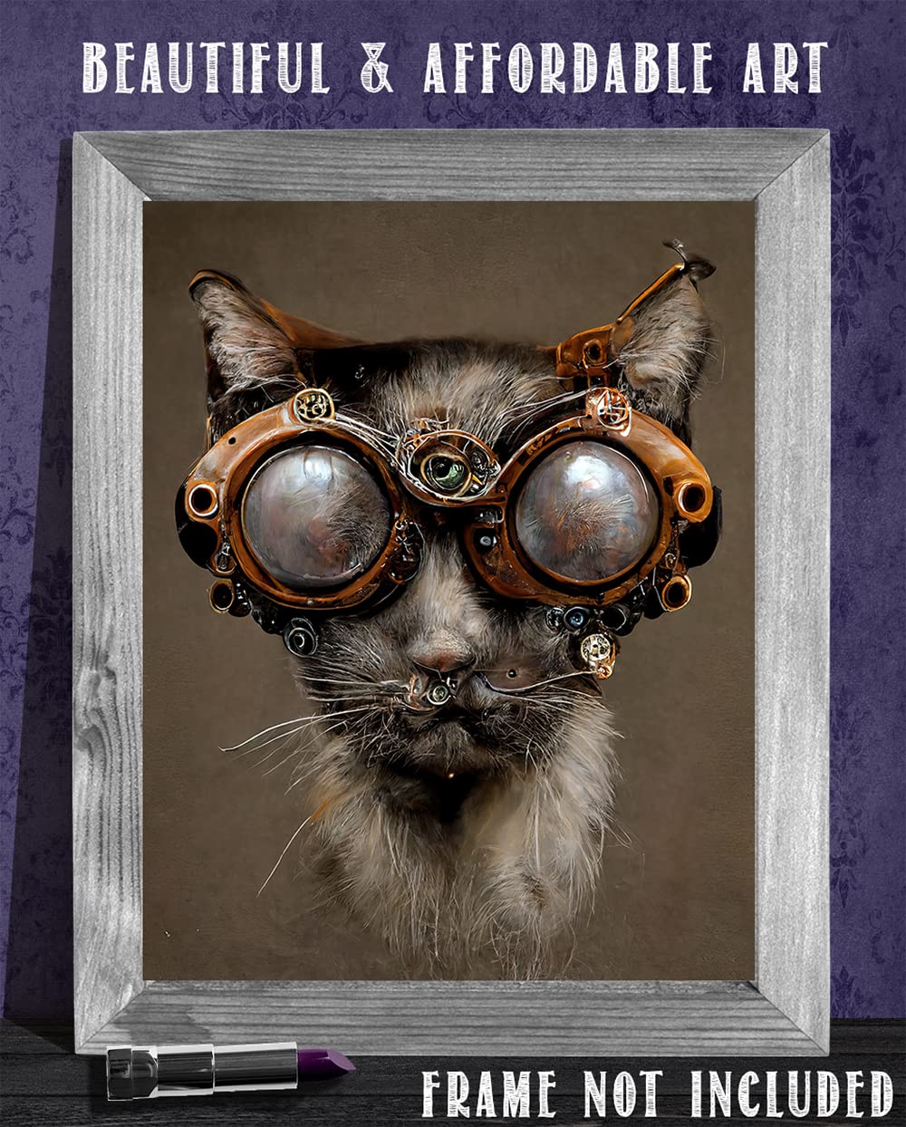 Steampunk Cat Wearing Goggles - 11x14 Unframed Wall Art Print - Makes a Funny and Cute Home Decor and Gift For Cat Owners