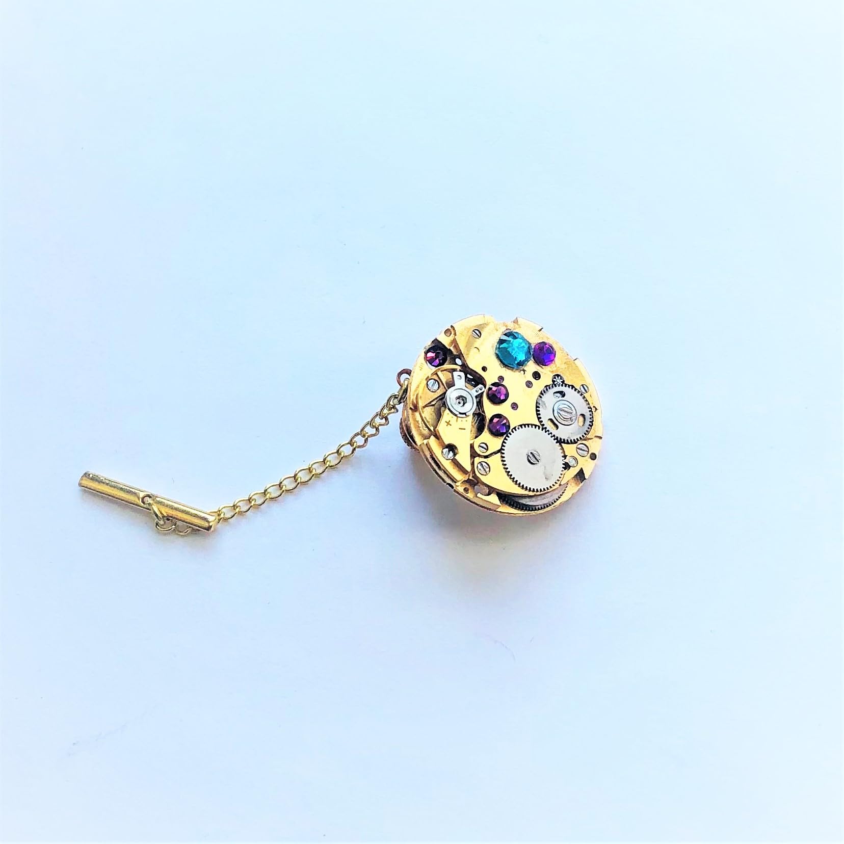 Steampunk Tie Pin Tie Tack Vintage Golden Watch Movement Men's Gift Groom Red Green Purple Swarowski Rhinestones