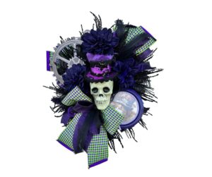 purple steampunk halloween skeleton wreath - 26x19in - spooky and stylish décor