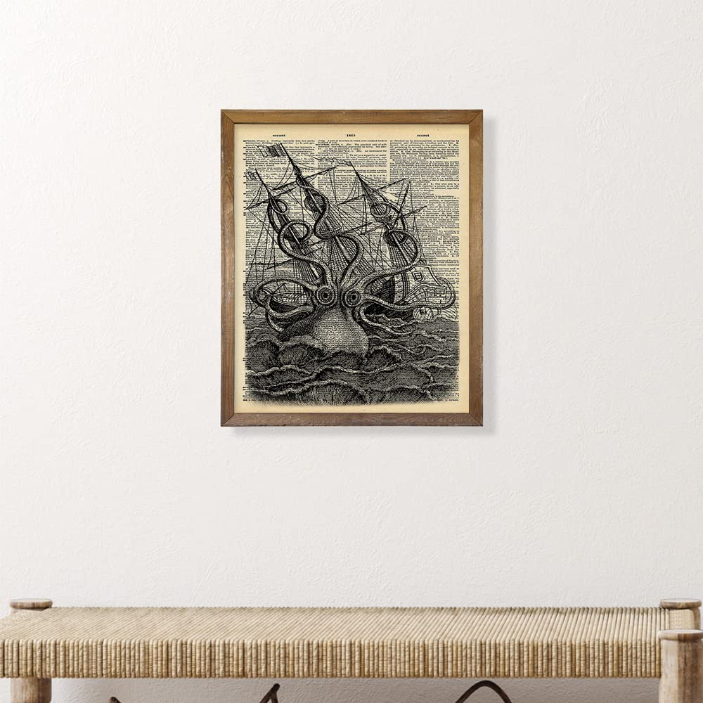 Vintage Steampunk Octopus Wall Decor - Pirates Kraken Pictures Wall Art - Retro Upcyled Dictionary Poster - Goth Room Decor - Gothic Decor - Lake Beach House Art Print - Nautical, Lovecraft, Mermaid