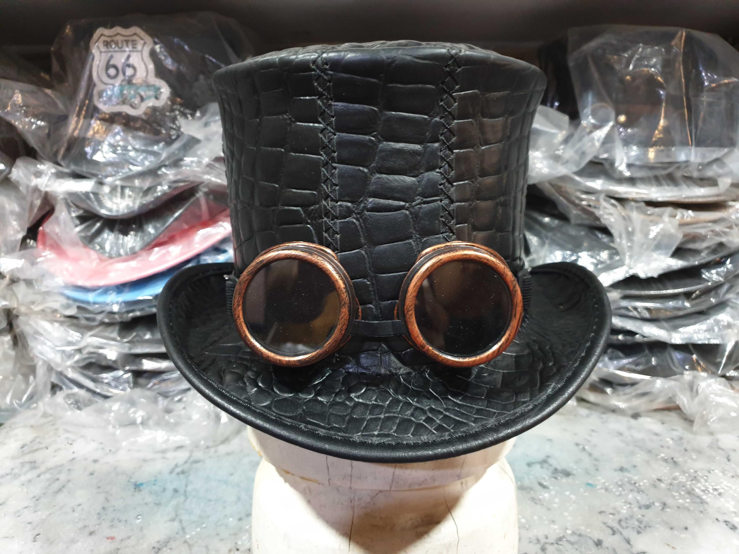 Steampunk MadHatter Leather Top Hat (X-Large, Steampunk Googles)