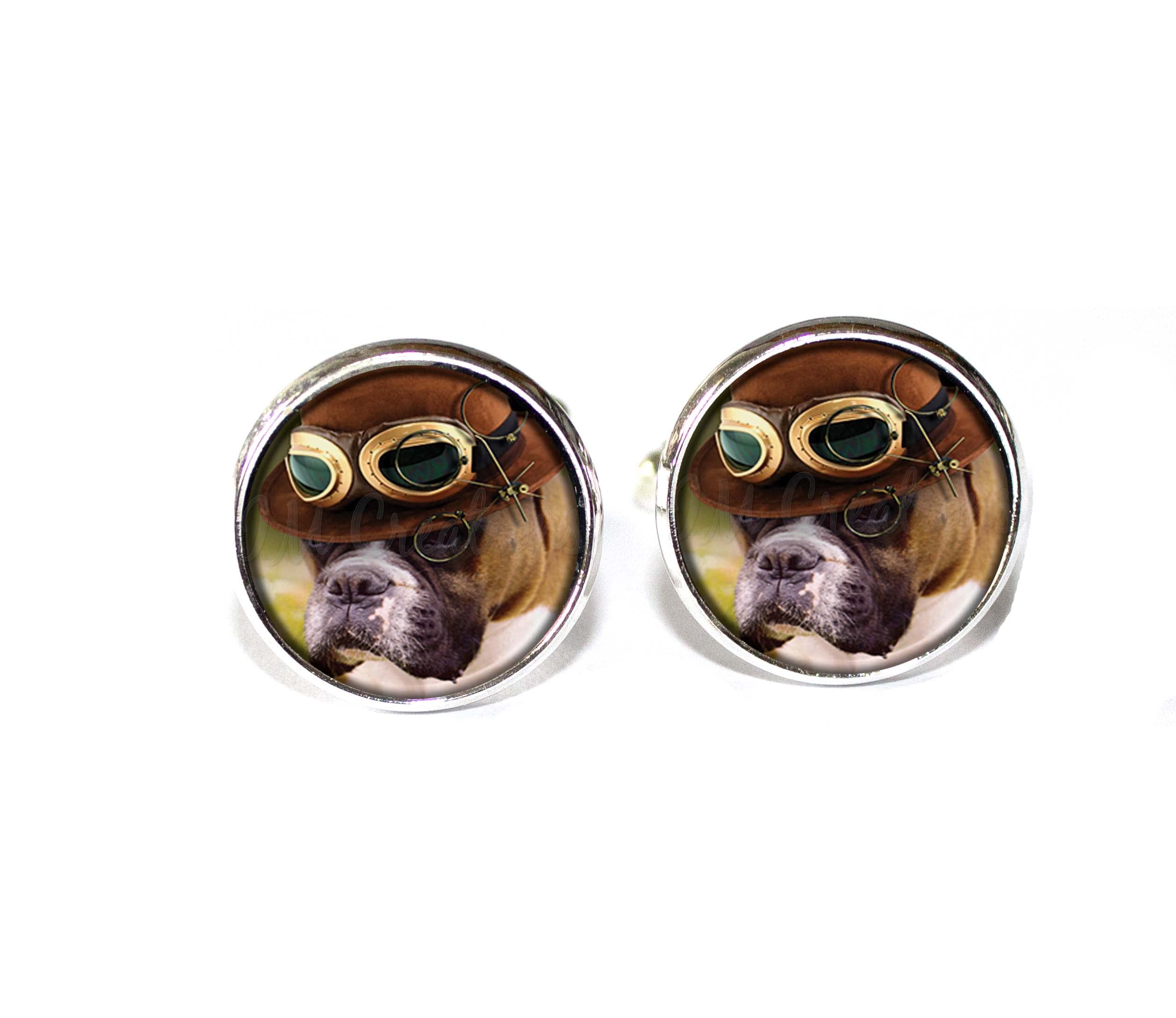 Breed Boxer Dog Steampunk Man's Best Friend Handmade ROUND Glass Metal Cuff LInks Cufflinks Gift for Him (Silver Plated)