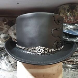 Steampunk Clock Gear Leather Top Hat (Leather, Small)