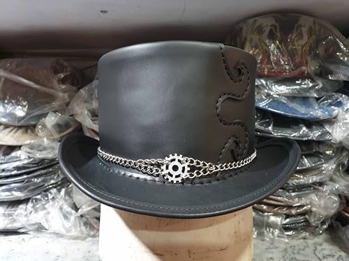 Steampunk Clock Gear Leather Top Hat (Leather, Small)