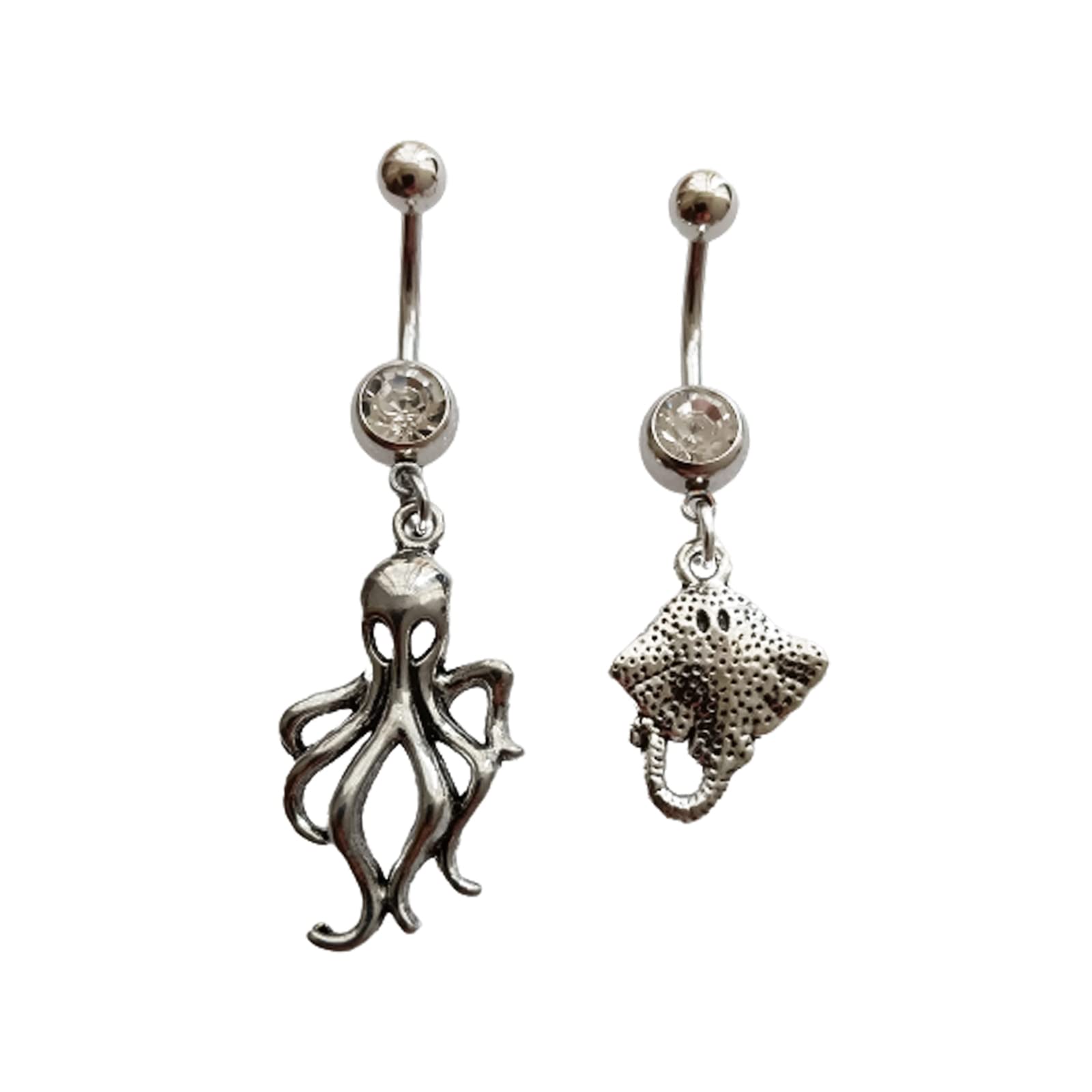 2PCS in Set Octopus and Fish Drop Belly Button Ring, Cute Ocean Charm Surgical Stainless Steel 14 Gauge Navel Barbell Ring, Steampunk Piercing Body Jewelry