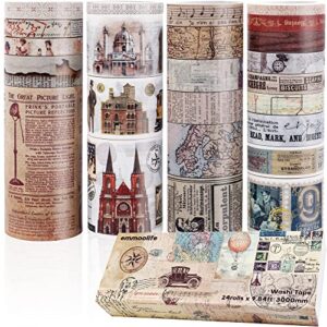 24 Rolls Vintage Washi Tape Set, Antique Car Buildings Map Stamp Stripe Writable Aesthetic Washy Decorative Tapes for Scrapbooking, Junk Journal supplies, Bullet Journaling 5-75mm Wide (3m long)/Roll