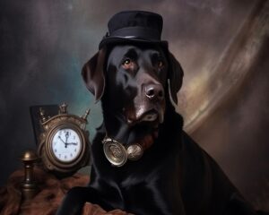 steampunk black labrador, art print, wall hanging, animal poster picture, fantasy anthropomorphic, curious arts gift (8 x 10)