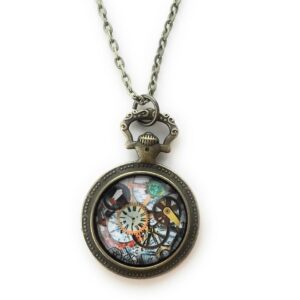 Steampunk Necklace | Colorful Gear Image Cabochon Pocket Watch Pendant Setting - Handmade Jewelry