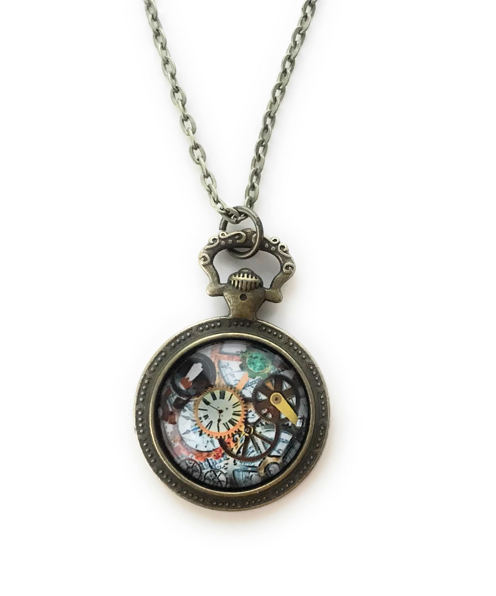 Steampunk Necklace | Colorful Gear Image Cabochon Pocket Watch Pendant Setting - Handmade Jewelry