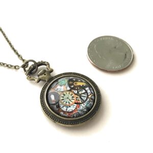 Steampunk Necklace | Colorful Gear Image Cabochon Pocket Watch Pendant Setting - Handmade Jewelry