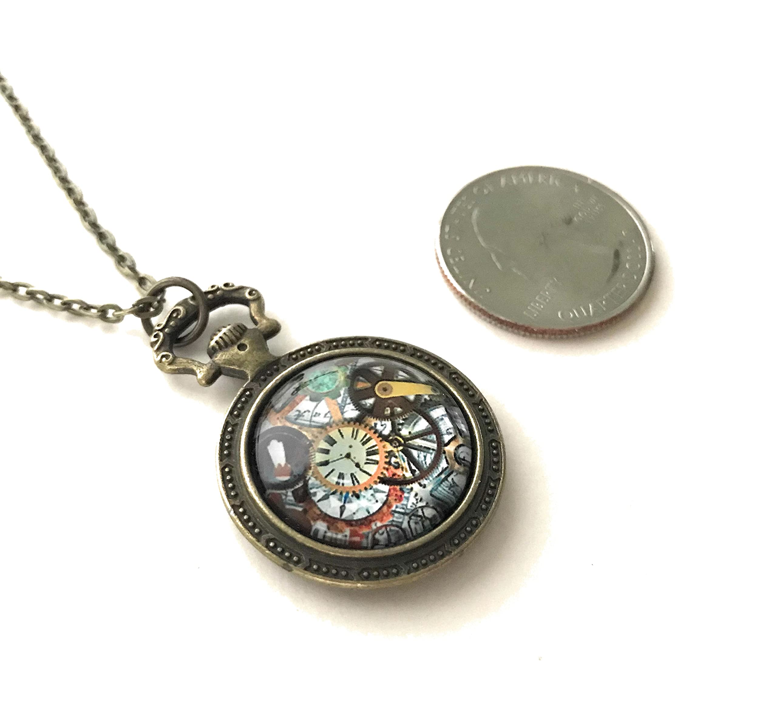 Steampunk Necklace | Colorful Gear Image Cabochon Pocket Watch Pendant Setting - Handmade Jewelry