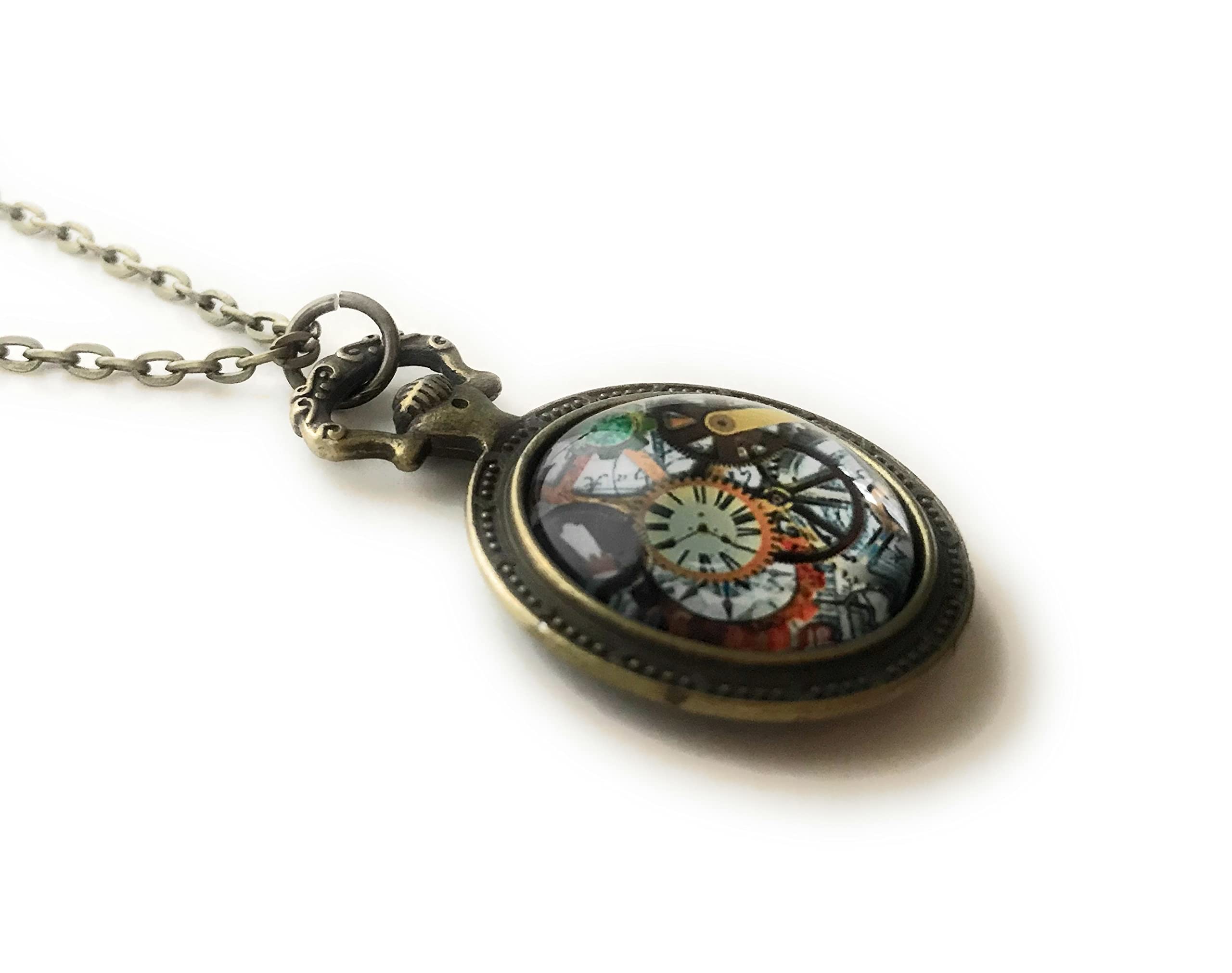 Steampunk Necklace | Colorful Gear Image Cabochon Pocket Watch Pendant Setting - Handmade Jewelry