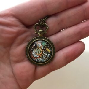 Steampunk Necklace | Colorful Gear Image Cabochon Pocket Watch Pendant Setting - Handmade Jewelry