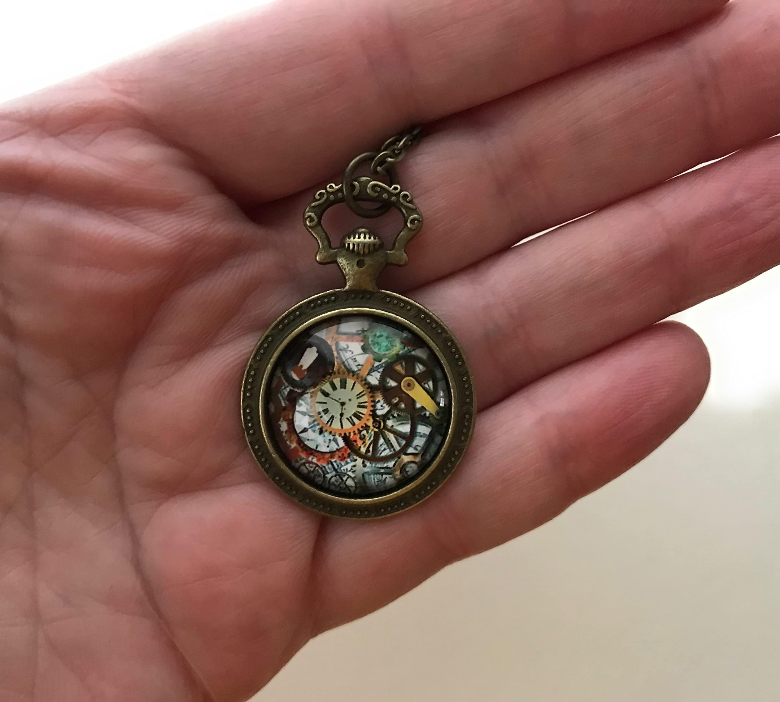 Steampunk Necklace | Colorful Gear Image Cabochon Pocket Watch Pendant Setting - Handmade Jewelry