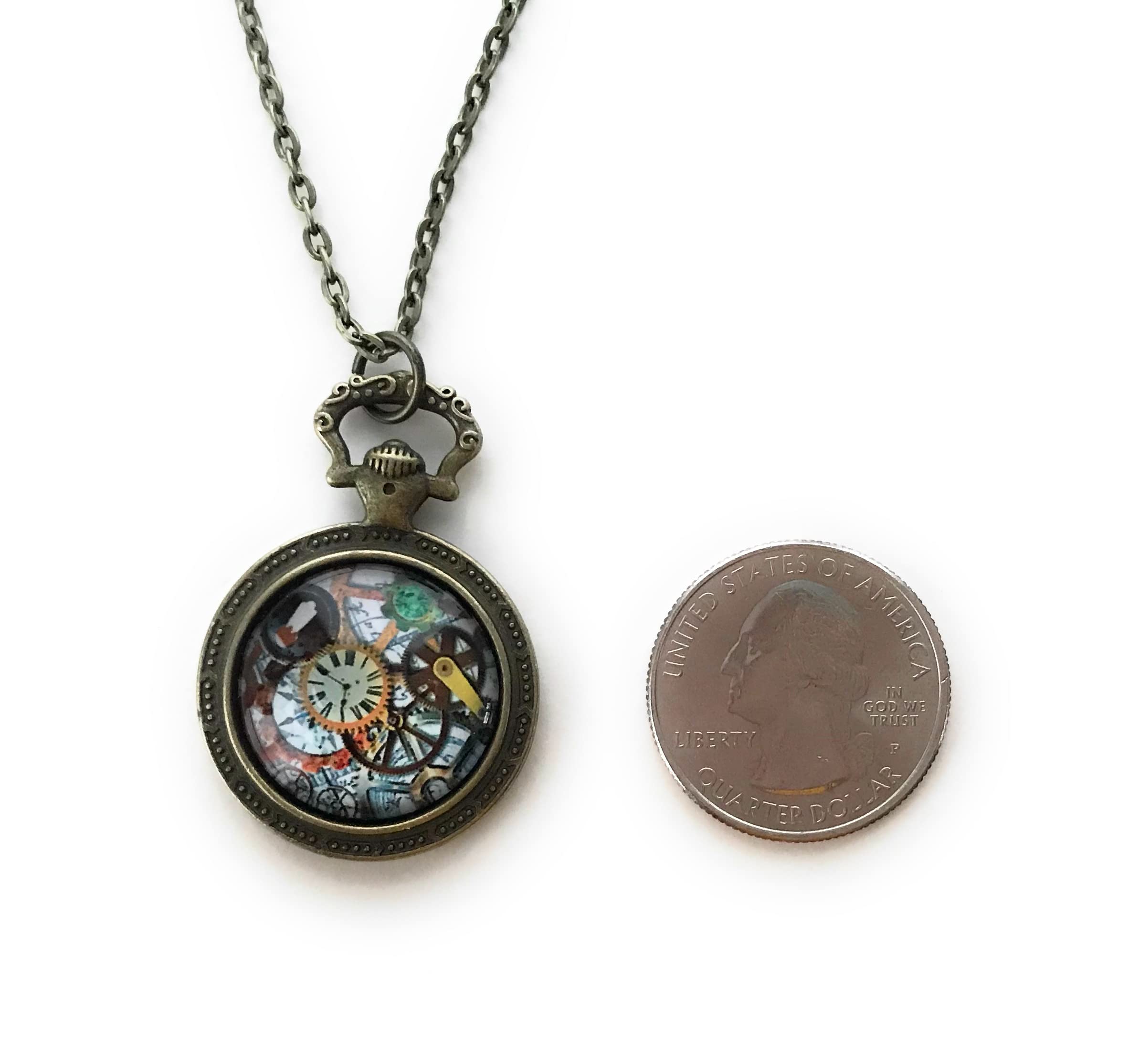 Steampunk Necklace | Colorful Gear Image Cabochon Pocket Watch Pendant Setting - Handmade Jewelry