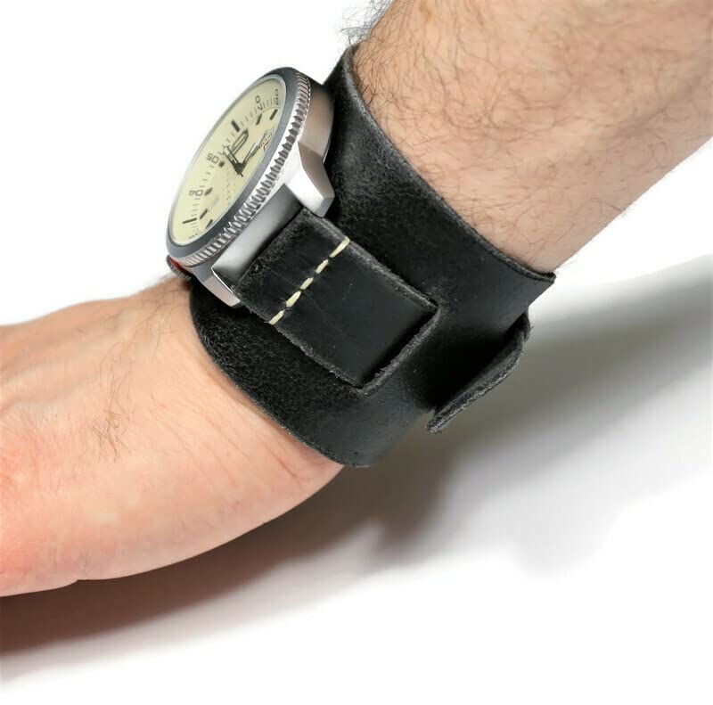 Cuff watch band - leather watch cuff strap black - aviator steampunk bands Handmade 18mm 20mm 22mm 24mm (22mm)