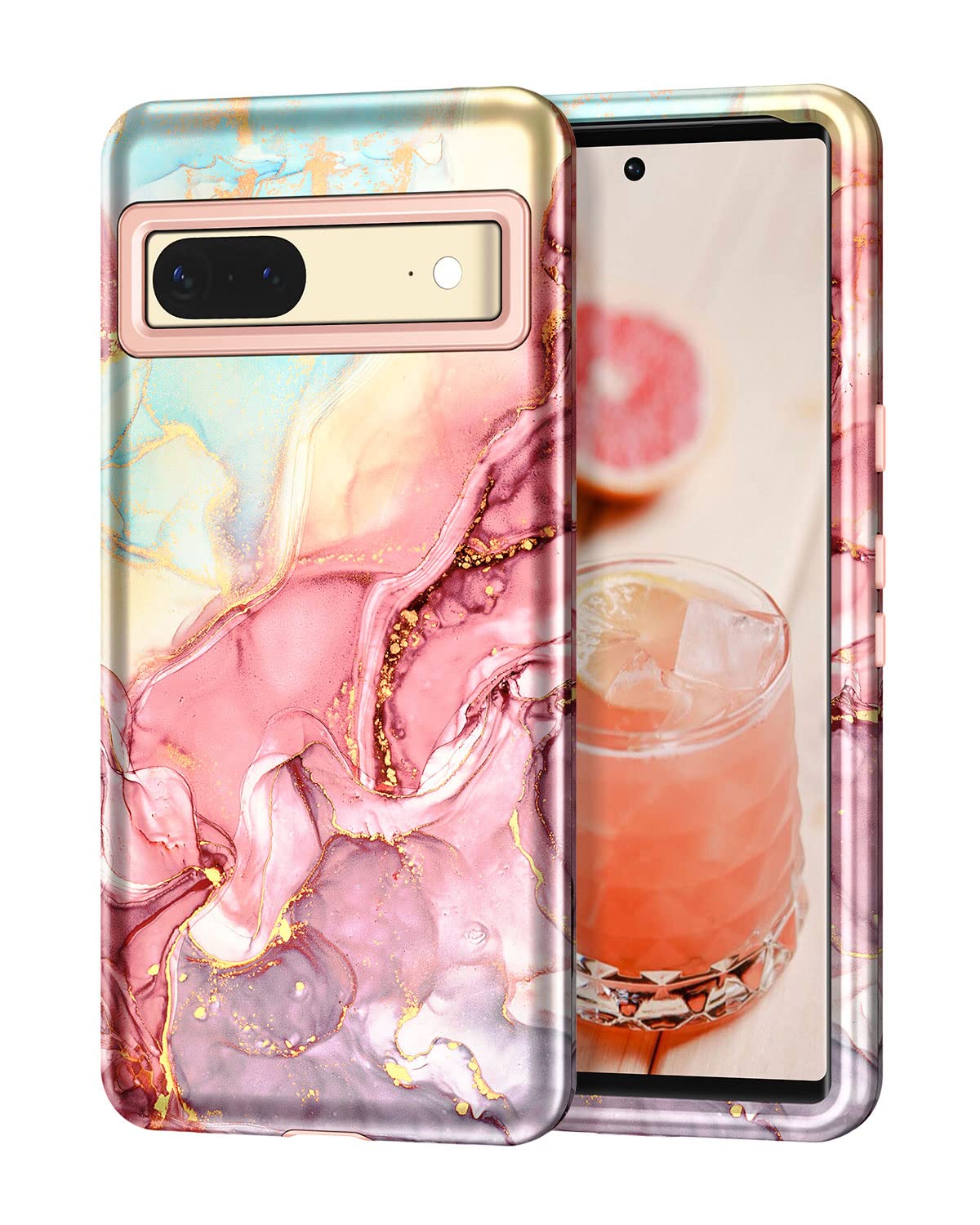 Btscase for Google Pixel 7 Case, Marble Pattern 3 in 1 Heavy Duty Shockproof Full Body Rugged Hard PC+Soft Silicone Drop Protective Women Girl Phone Covers for Google Pixel 7 (2022), Rose Gold