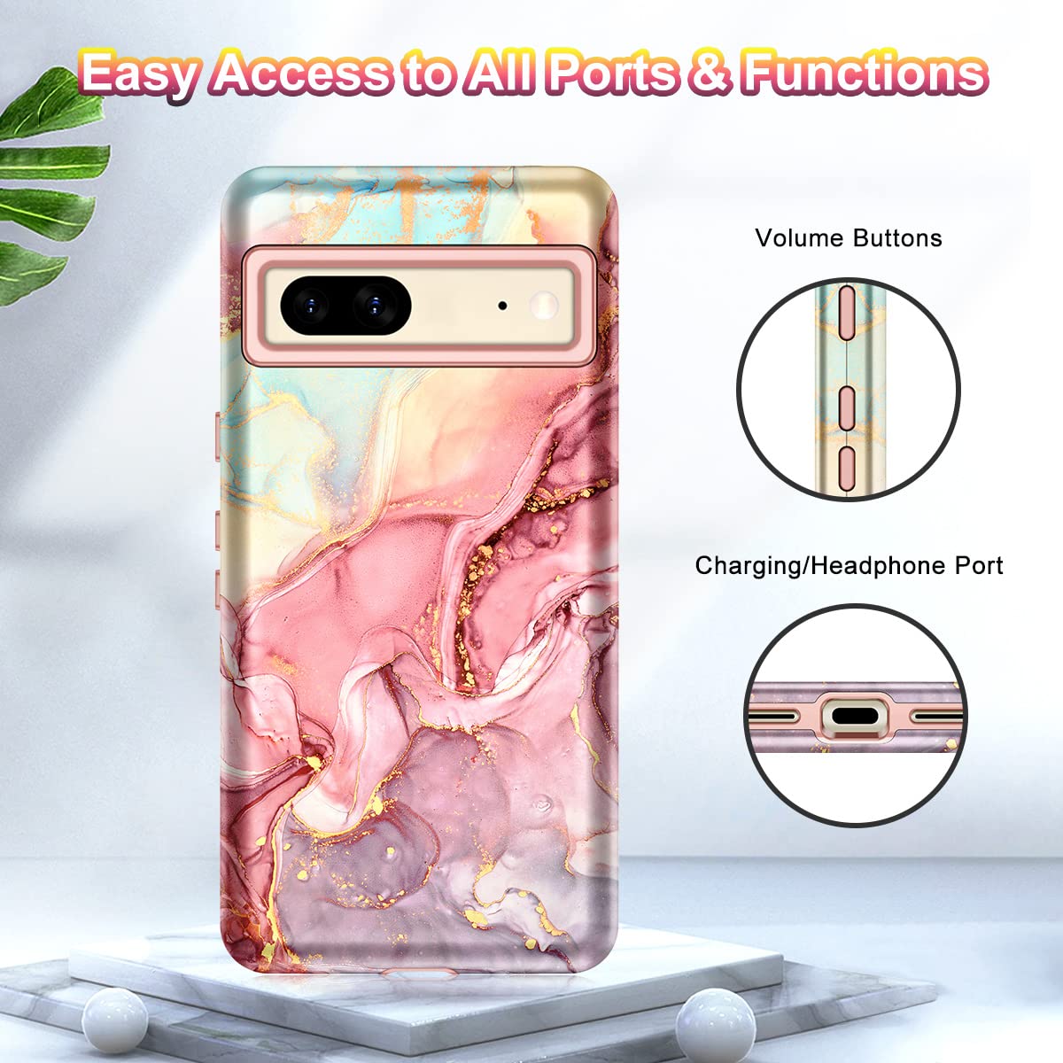 Btscase for Google Pixel 7 Case, Marble Pattern 3 in 1 Heavy Duty Shockproof Full Body Rugged Hard PC+Soft Silicone Drop Protective Women Girl Phone Covers for Google Pixel 7 (2022), Rose Gold