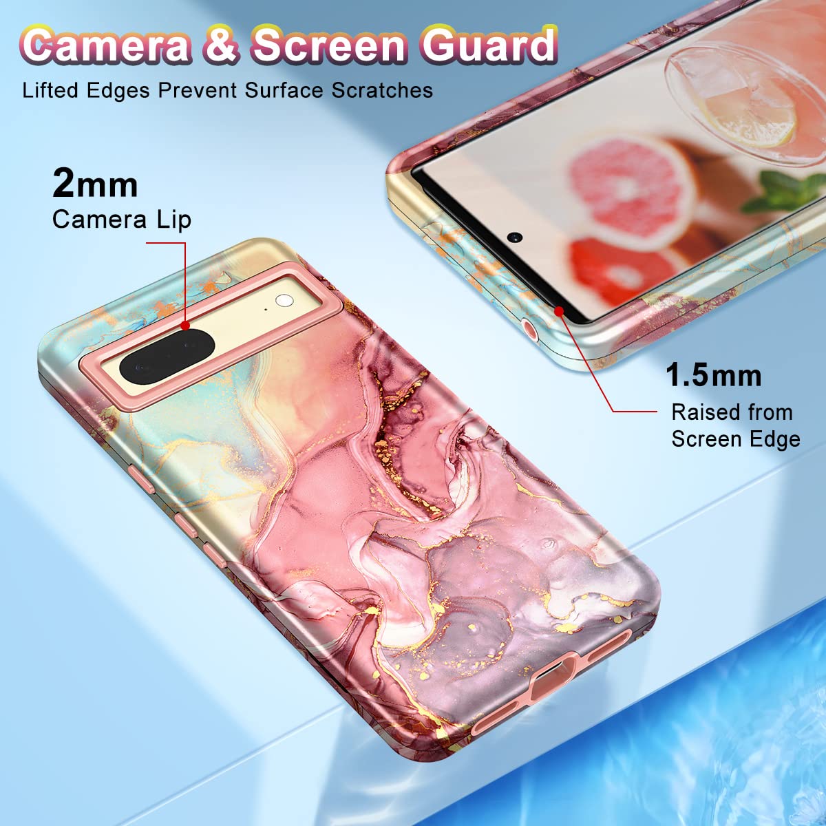 Btscase for Google Pixel 7 Case, Marble Pattern 3 in 1 Heavy Duty Shockproof Full Body Rugged Hard PC+Soft Silicone Drop Protective Women Girl Phone Covers for Google Pixel 7 (2022), Rose Gold