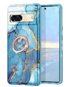 hekodonk for google pixel 7 case,heavy duty with rotation ring kickstand magnetic car mount full body shockproof rugged protection slim marble phone case cover for google pixel 7 blue marble