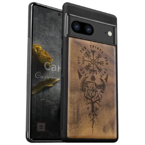 carveit wood case for pixel 7 case [natural wood & black soft tpu] shockproof protective cover unique & classy wooden case compatible with google pixel 7 case (viking vegvisir-walnut)