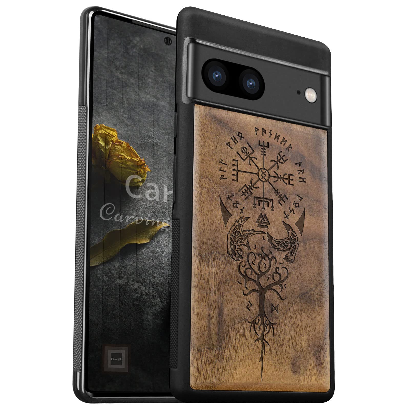 Carveit Wood Case for Pixel 7 Case [Natural Wood & Black Soft TPU] Shockproof Protective Cover Unique & Classy Wooden Case Compatible with Google Pixel 7 Case (Viking Vegvisir-Walnut)