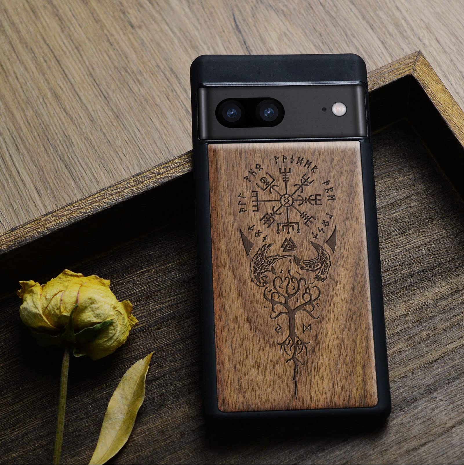 Carveit Wood Case for Pixel 7 Case [Natural Wood & Black Soft TPU] Shockproof Protective Cover Unique & Classy Wooden Case Compatible with Google Pixel 7 Case (Viking Vegvisir-Walnut)