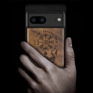 Carveit Wood Case for Pixel 7 Case [Natural Wood & Black Soft TPU] Shockproof Protective Cover Unique & Classy Wooden Case Compatible with Google Pixel 7 Case (Viking Vegvisir-Walnut)