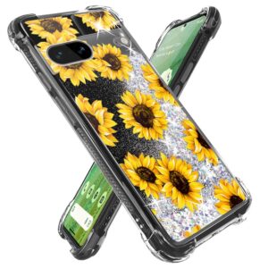 miss arts for pixel 7 case,girls women flowing liquid holographic holo glitter shock proof case with floral design bling diamond bumper for google pixel 7 -sunflower