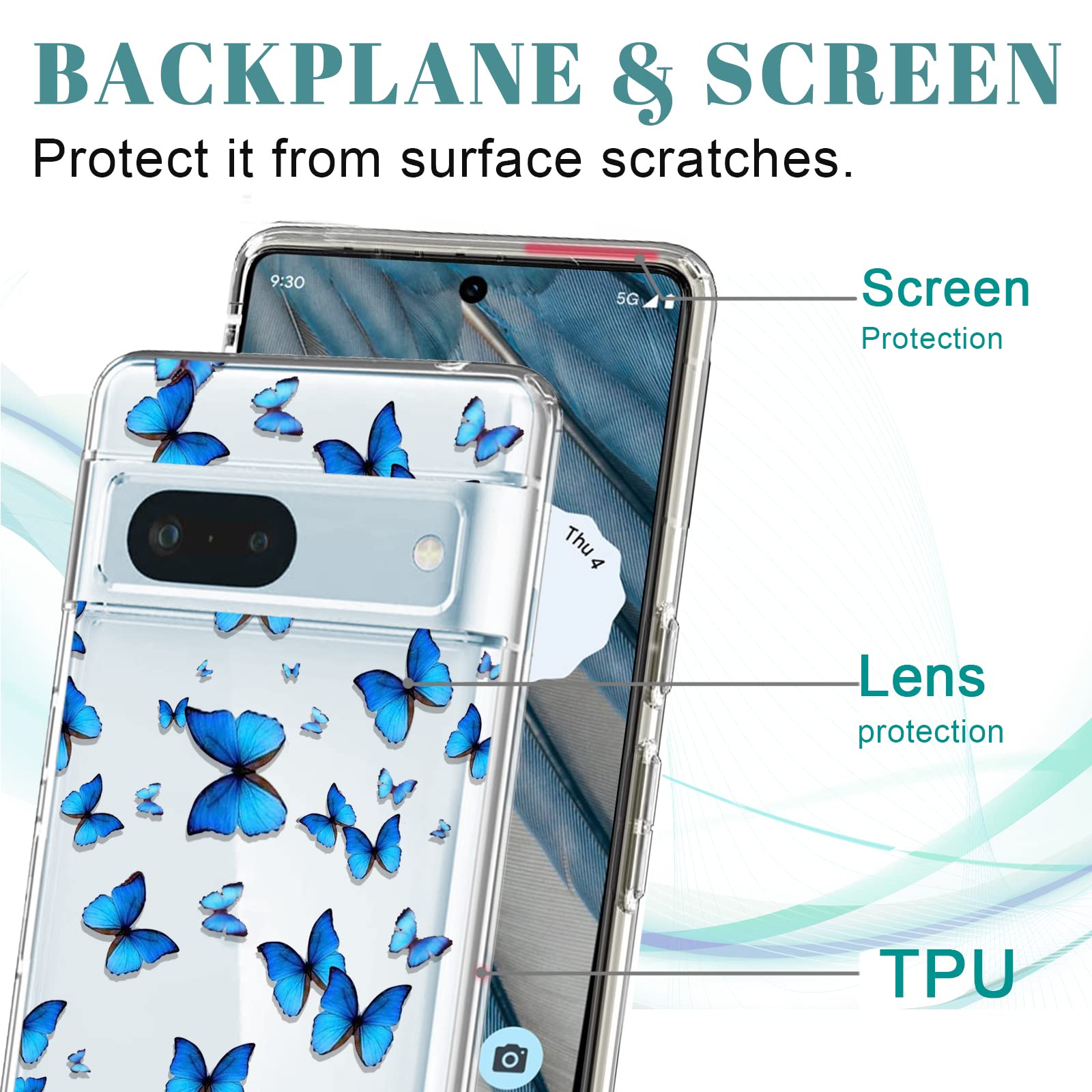 HONNKY for Pixel 7 Case, Clear with Cute Pattern Shockproof Heavy Duty Protection Cover Slim Anti-Slip Phone Case for Google Pixel 7 6.3 inch(Butterfly)