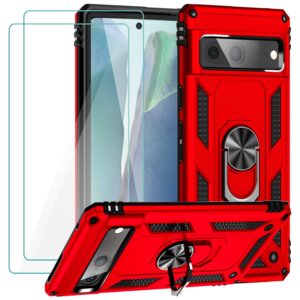 Muntinfe for Google Pixel 7 Case with Tempered Glass Screen Protector [2 Pack], Military-Grade Armor Shockproof Protective Phone Case Cover with Ring Magnetic Kickstand for Pixel 7, Red