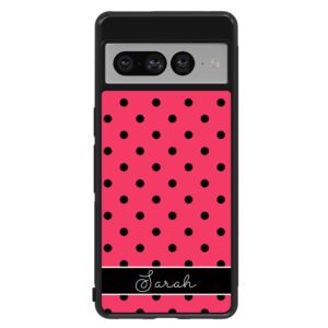 Pinkish Red and Black Polka Dot Personalized Black Rubber Phone Case Compatible With Google Pixel 8 Pro, 8a, 8, 7a, 7, Pixel 7 Pro, 6a, Pixel 6 Pro, 6, 5, 4a 5G, 4a 4G, 4, 4 XL, 3a, 3a XL, 3, 3 XL