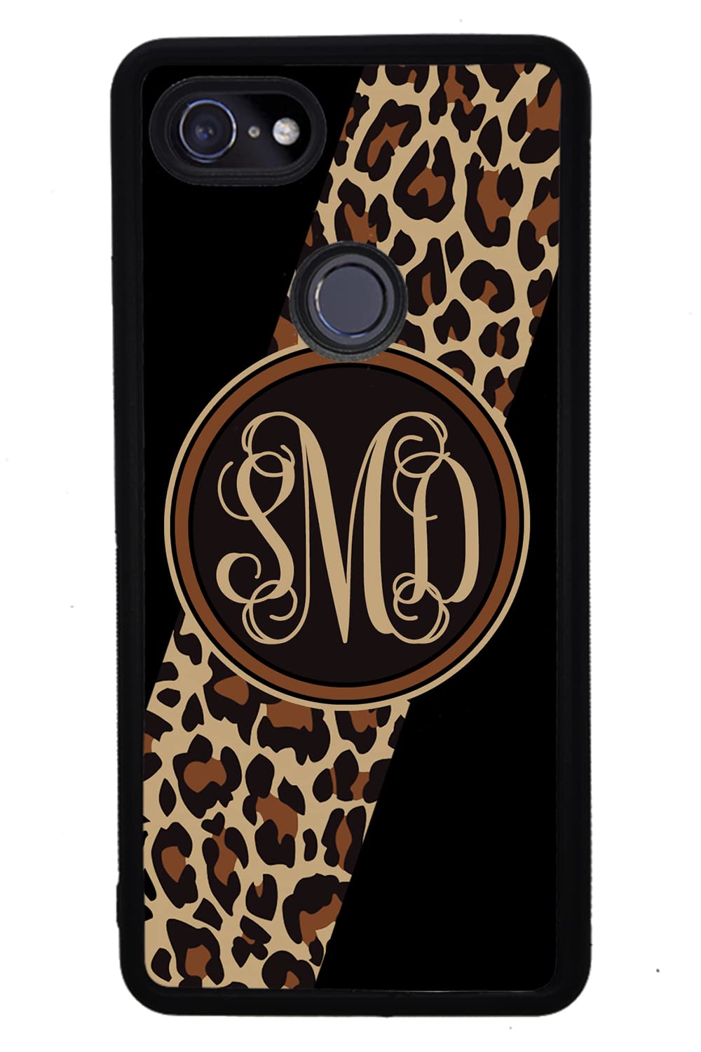 Leopard Animal Skin Script Monogram Black Rubber Phone Case Compatible With Google Pixel 8 Pro, 8a, 8, 7a, 7, Pixel 7 Pro, 6a, Pixel 6 Pro, 6, 5, 4a 5G, 4a 4G, 4, 4 XL, 3a, 3a XL, 3, 3 XL, 2 XL