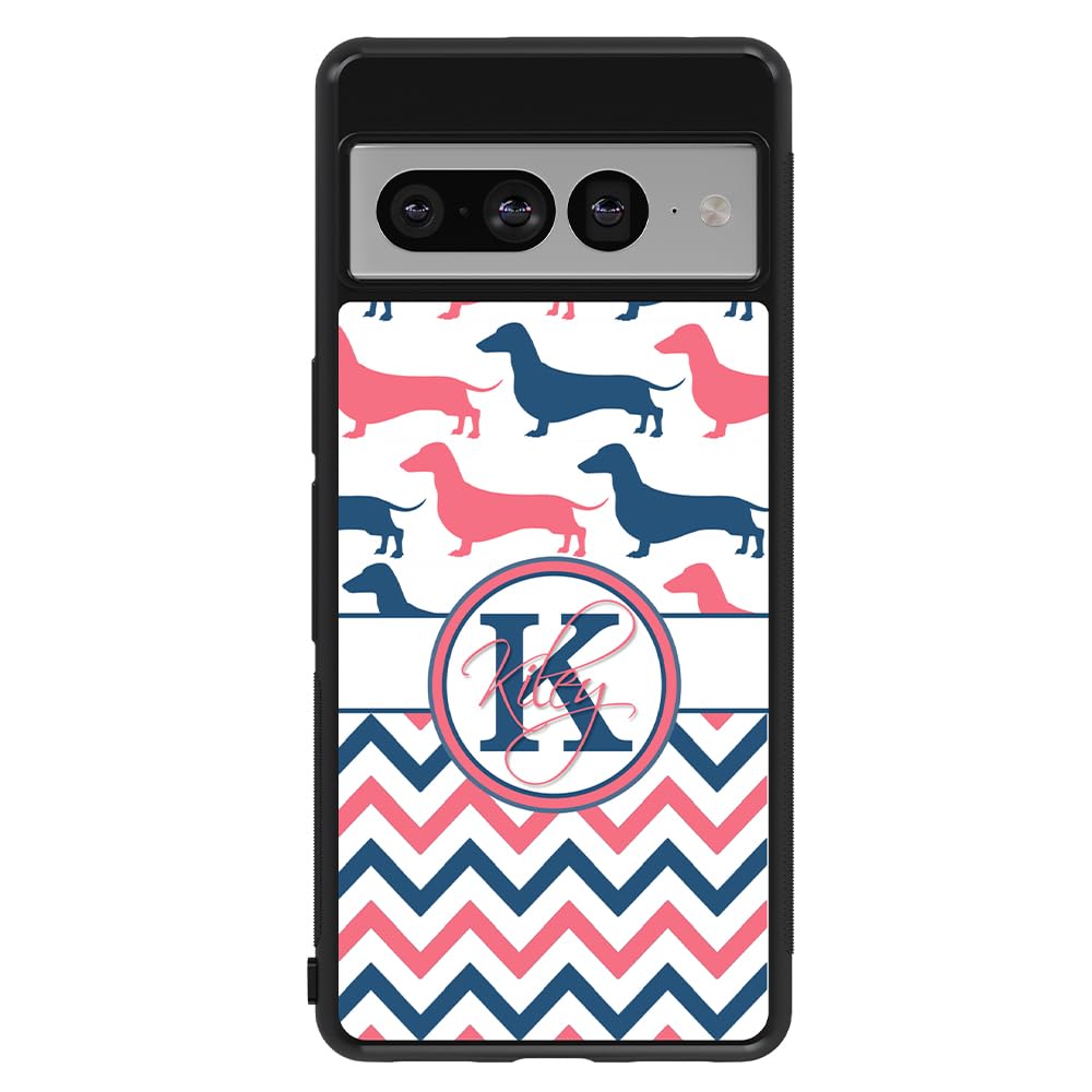 Dachshund Dog Chevron Personalized Black Rubber Phone Case Compatible With Google Pixel 8 Pro, 8a, 8, 7, Pixel 7 Pro, Pixel 6a, Pixel 6 Pro, 6, 5, 4a 5G, 4a 4G, 4, 4 XL, 3a, 3a XL, 3, 3 XL, 2 XL, 2