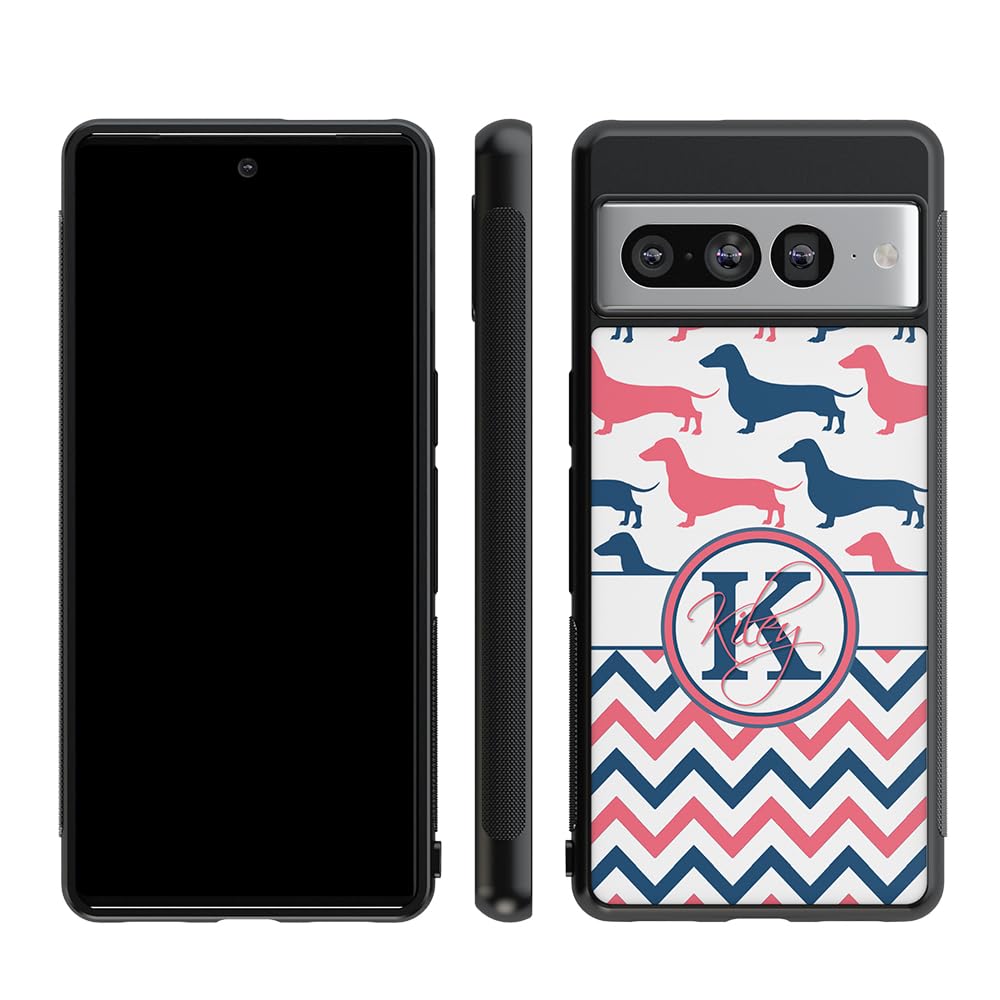 Dachshund Dog Chevron Personalized Black Rubber Phone Case Compatible With Google Pixel 8 Pro, 8a, 8, 7, Pixel 7 Pro, Pixel 6a, Pixel 6 Pro, 6, 5, 4a 5G, 4a 4G, 4, 4 XL, 3a, 3a XL, 3, 3 XL, 2 XL, 2