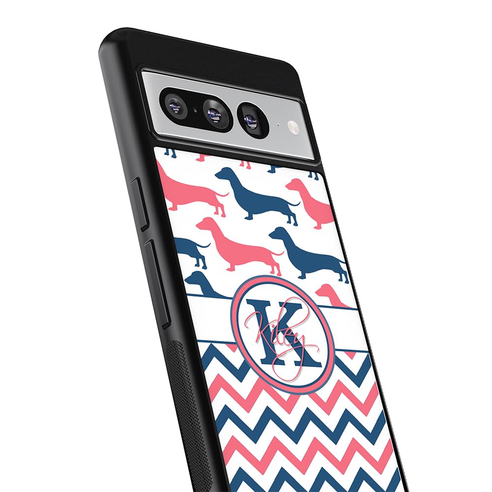 Dachshund Dog Chevron Personalized Black Rubber Phone Case Compatible With Google Pixel 8 Pro, 8a, 8, 7, Pixel 7 Pro, Pixel 6a, Pixel 6 Pro, 6, 5, 4a 5G, 4a 4G, 4, 4 XL, 3a, 3a XL, 3, 3 XL, 2 XL, 2