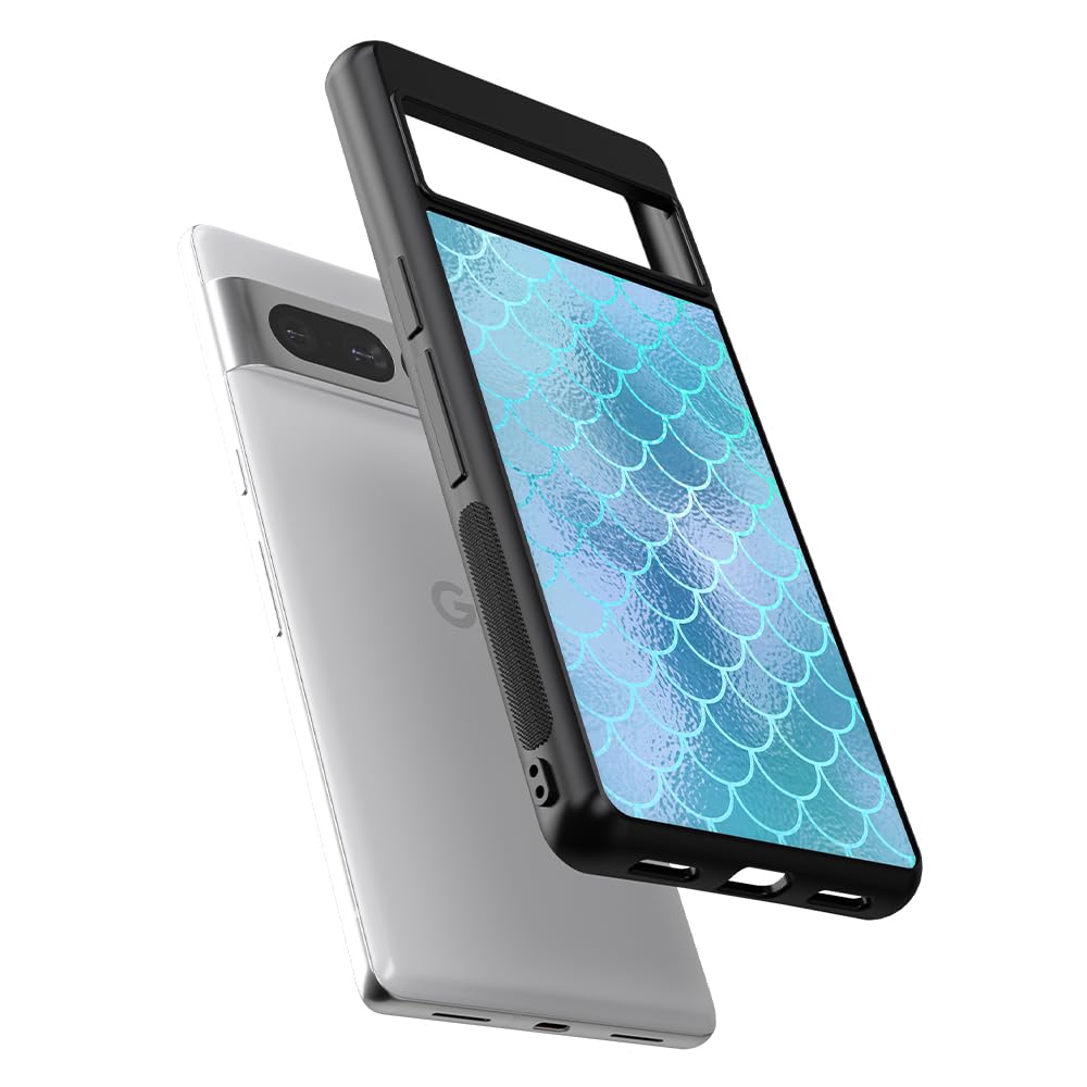 Blue Aqua Mermaid Scales Skin Black Rubber Phone Case Compatible With Google Pixel 8 Pro, 8a, 8, 7a, 7, Pixel 7 Pro, 6a, Pixel 6 Pro, 6, 5, 4a 5G, 4a 4G, 4, 4 XL, 3a, 3a XL, 3, 3 XL, 2 XL, 2