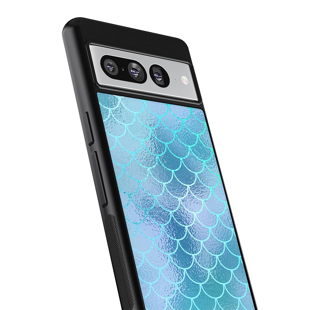 Blue Aqua Mermaid Scales Skin Black Rubber Phone Case Compatible With Google Pixel 8 Pro, 8a, 8, 7a, 7, Pixel 7 Pro, 6a, Pixel 6 Pro, 6, 5, 4a 5G, 4a 4G, 4, 4 XL, 3a, 3a XL, 3, 3 XL, 2 XL, 2