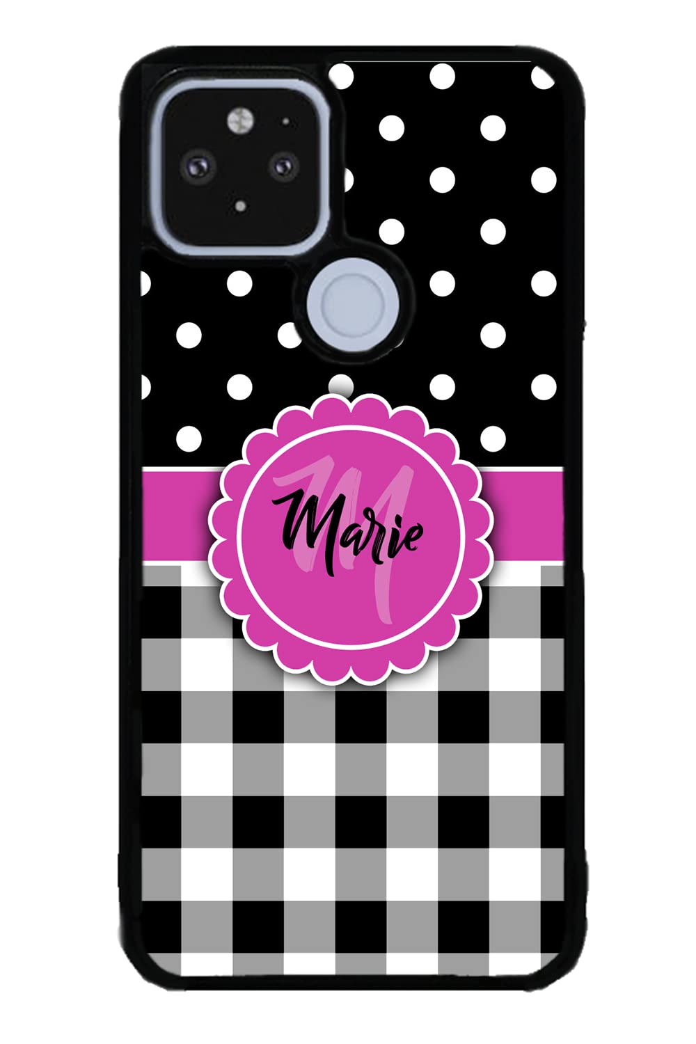 Black White Pink Plaid and Polka Dots Personalized Black Rubber Phone Case Compatible With Google Pixel 8 Pro, 8a, 8, 7a, 7, Pixel 7 Pro, 6a, Pixel 6 Pro, 6, 5, 4a 5G, 4a 4G, 4, 4 XL, 3a