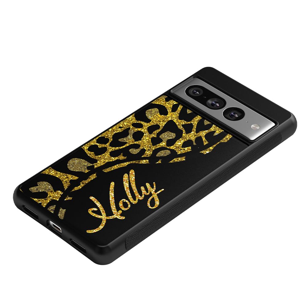 Leopard Skin Gold Personalized Black Rubber Phone Case Compatible With Google Pixel 8 Pro, 8a, 8, 7a, 7, Pixel 7 Pro, 6a, Pixel 6 Pro, 6, 5, 4a 5G, 4a 4G, 4, 4 XL, 3a, 3a XL, 3, 3 XL, 2