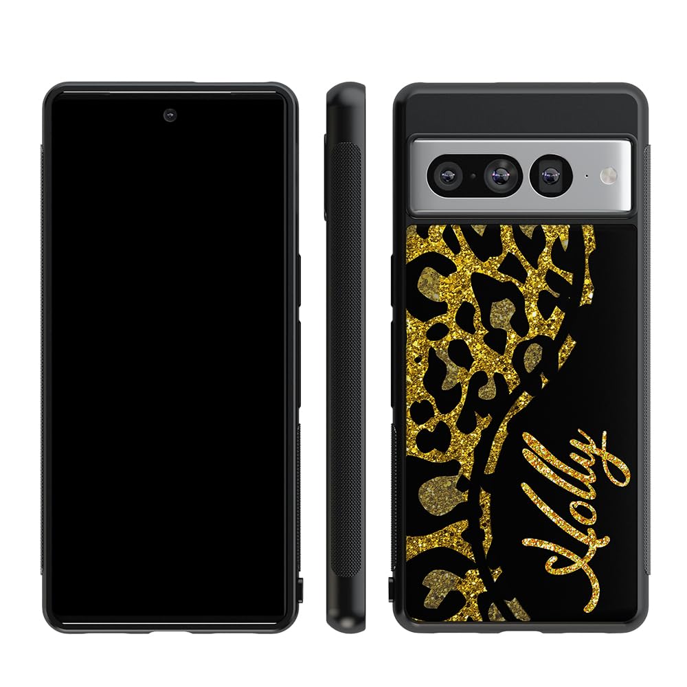 Leopard Skin Gold Personalized Black Rubber Phone Case Compatible With Google Pixel 8 Pro, 8a, 8, 7a, 7, Pixel 7 Pro, 6a, Pixel 6 Pro, 6, 5, 4a 5G, 4a 4G, 4, 4 XL, 3a, 3a XL, 3, 3 XL, 2