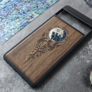 Carveit Hand-inlaid Wooden Case for Google Pixel 7 Pro, (Yinyang Wolf Engraved on Walnut) Compatible with QI Wireless Charging