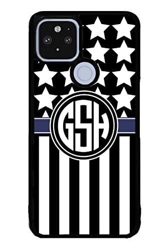 American Flag USA Thin Blue Line Police Monogram Black Rubber Phone Case Compatible With Google Pixel 8 Pro, 8a, 8, 7a, 7, Pixel 7 Pro, 6a, 6 Pro, 6, 5, 4a 5G, 4a 4G, 4, 4 XL, 3a, 3a XL, 3, 3 XL