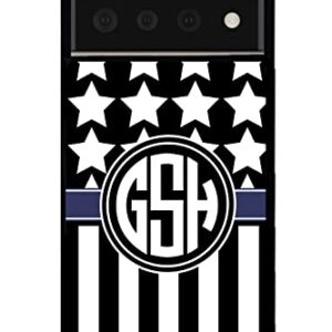 American Flag USA Thin Blue Line Police Monogram Black Rubber Phone Case Compatible With Google Pixel 8 Pro, 8a, 8, 7a, 7, Pixel 7 Pro, 6a, 6 Pro, 6, 5, 4a 5G, 4a 4G, 4, 4 XL, 3a, 3a XL, 3, 3 XL