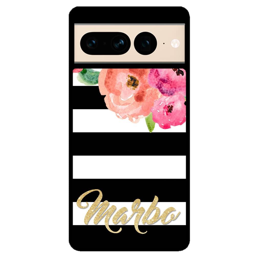 Golden Gold Personalized Flowers Black White Black Rubber Phone Case Compatible With Google Pixel 8 Pro, 8a, 8, 7a, 7, Pixel 7 Pro, 6a, Pixel 6 Pro, 6, 5, 4a 5G, 4a 4G, 4, 4 XL, 3a, 3a XL, 3